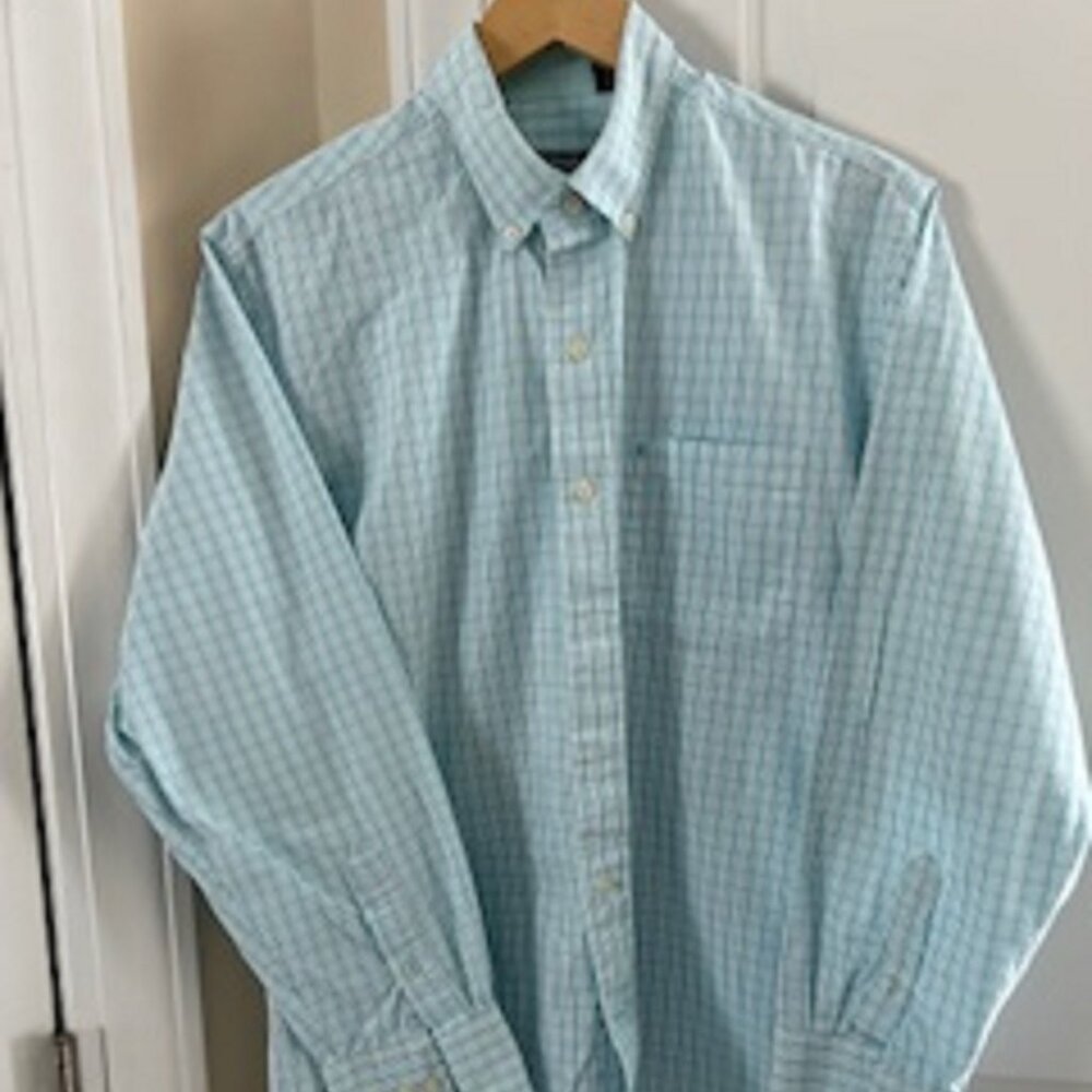 Men's Button Up Shirt IZOD Large Teal & Gray Long Sleeves